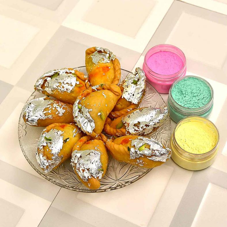 Enjoy Tasty Kesar Gujiya w/ 3 Colorful Gulaal Pack Holi Gift for India