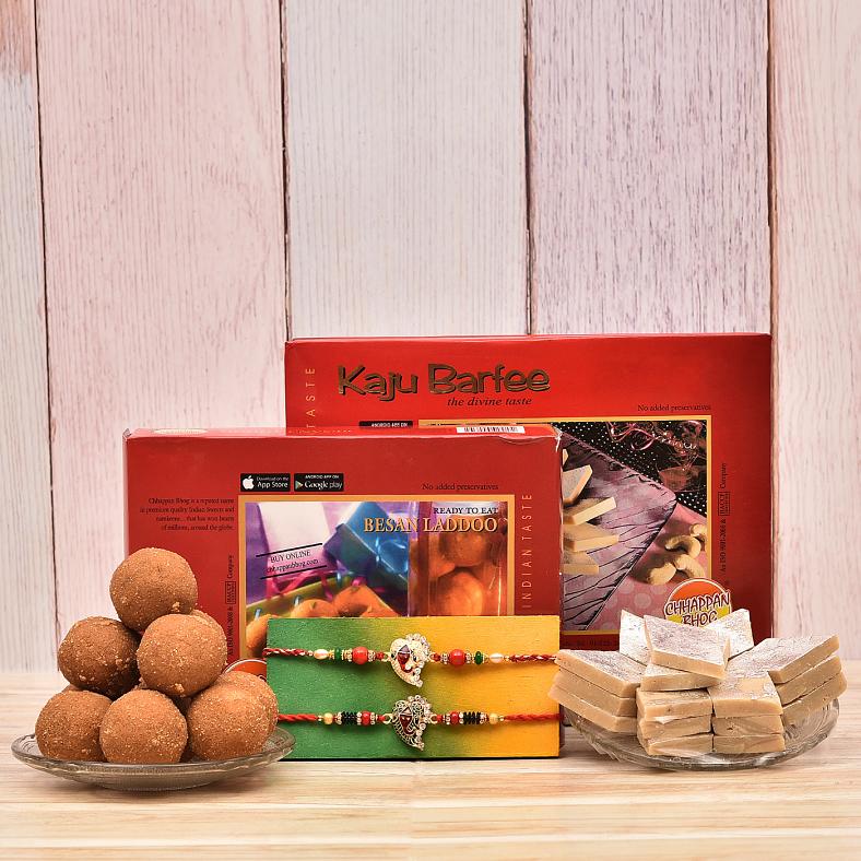 Two Patta Ganesha Rakhi w/ Kaju Katli & Besan Laddoo Mithai
