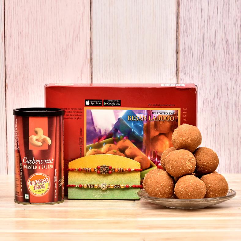 Two Beaded Rakhis w/ Besan Laddoo & Pack of Roasted Cashews