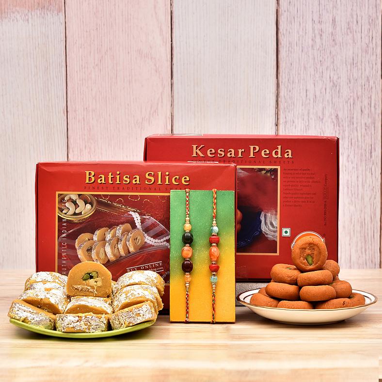 Multicolor Beaded Rakhi Set w/ Batisa Slices & Kesar Peda