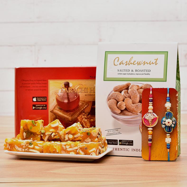 Multicolored Set of 2 Beaded Rakhi w/ Karachi Halwa & Cashews Pack	