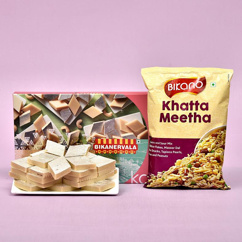 Fancy Pearl & Beaded Rakhi Set with Kaju Katli & Khatta Meetha Namkeen