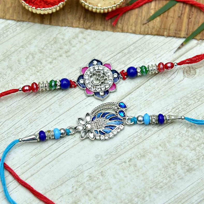 Metallic Dial with Colorful Bead Work Rakhi Set