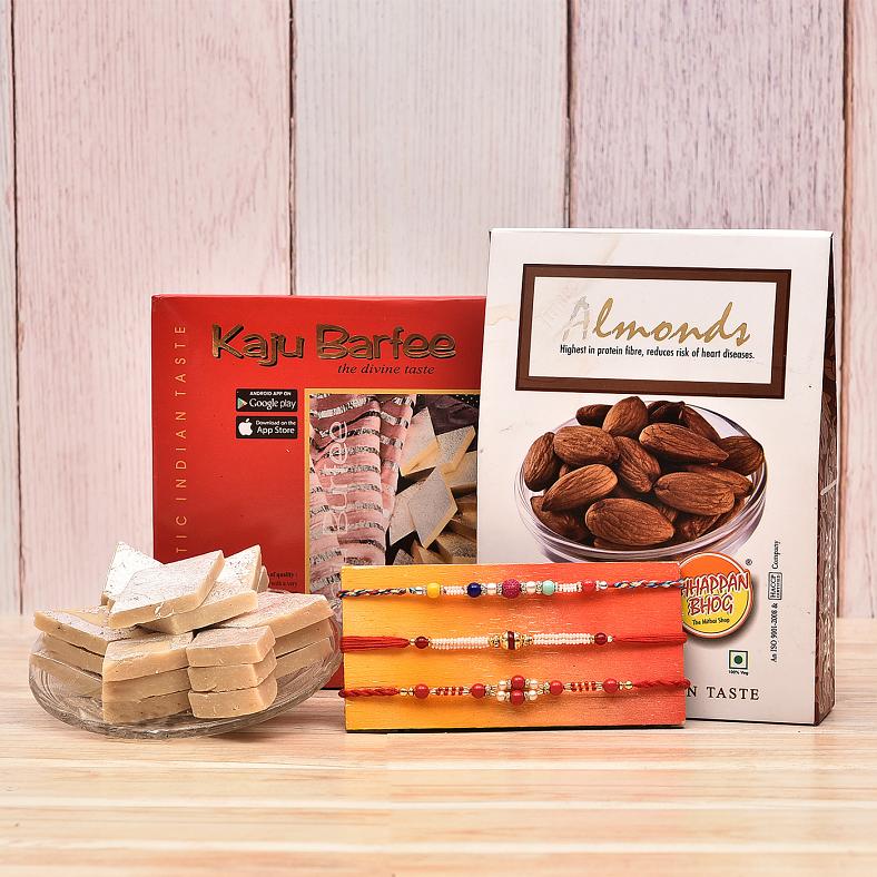 Multicolored Beaded Rakhi Set of 3 w/ Kaju Katli & Almonds	