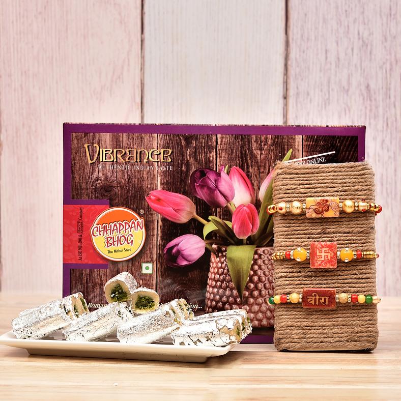 Divine 3 Beaded Rakhis w/ Chhappan Bhog Pista Roll Gift Hamper