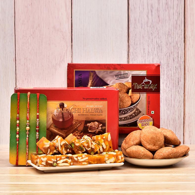 Alluring Three Beaded Rakhis w/ Karachi Halwa & Mini Khasta Pack