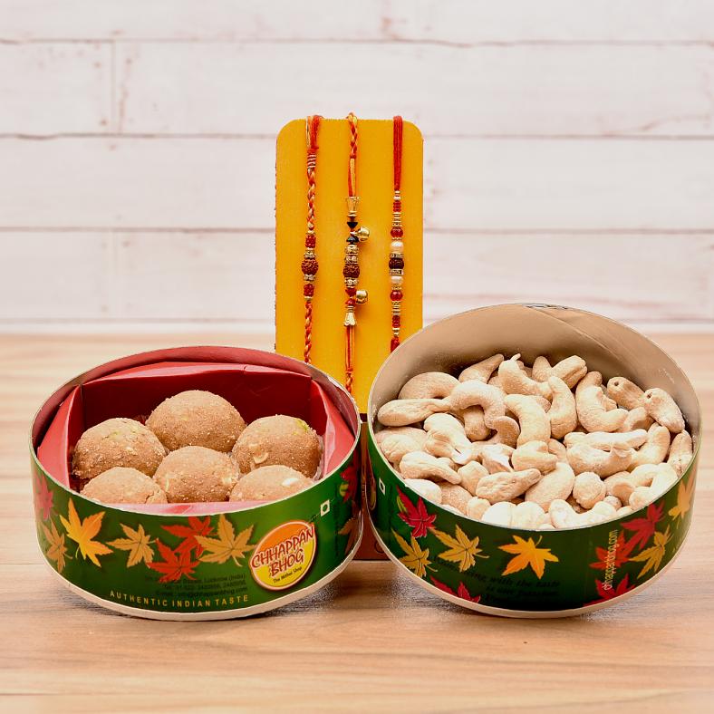 Three Beautiful Rudraksh Rakhi w/ Besan Laddoo & Cashews in Gift Box