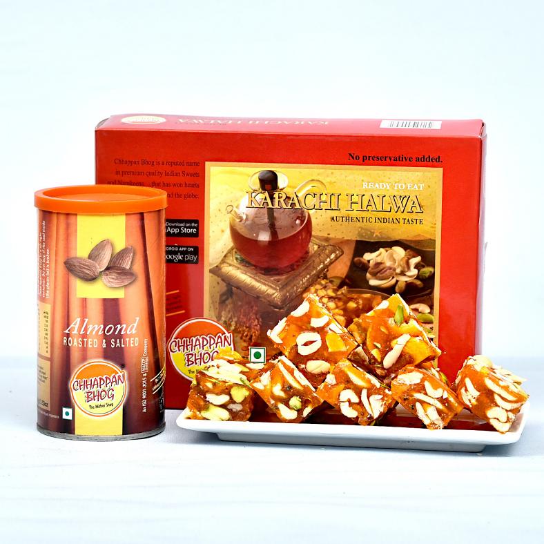 Om Swastika Rakhi Set of 3 with Karachi Halwa & Roasted Almonds