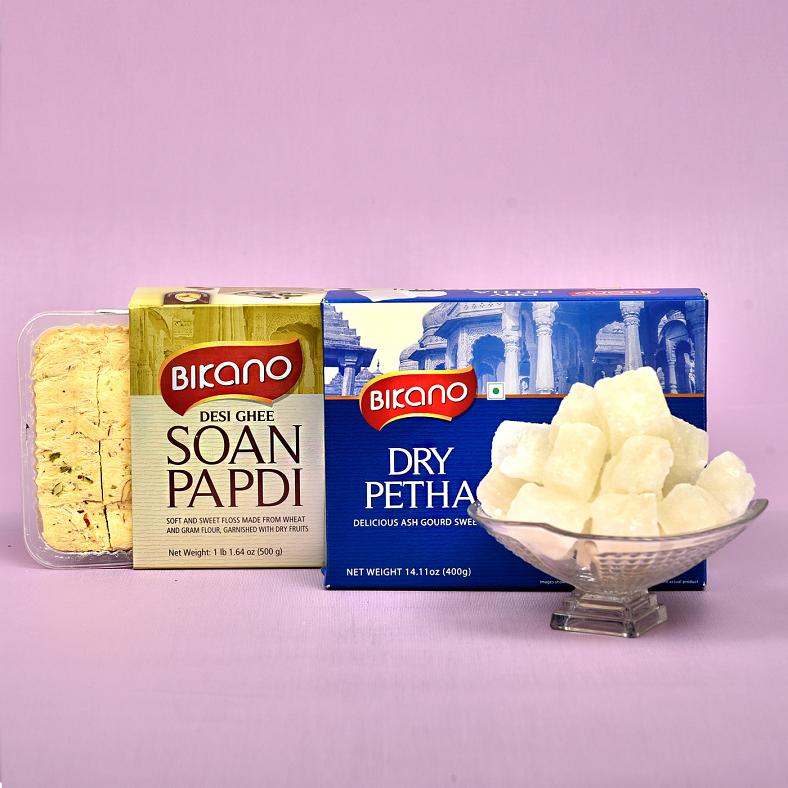 Beads & Pearl Decor Set of 3 Rakhis with Dry Petha & Soan Papdi
