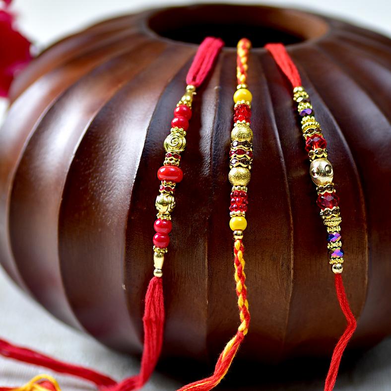 Multicolored Set of 3 Stone & Bead Work Rakhi