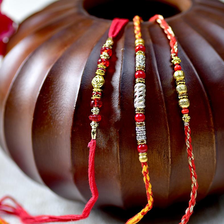 Beautiful Set of 3 Metallic Beaded Rakhi