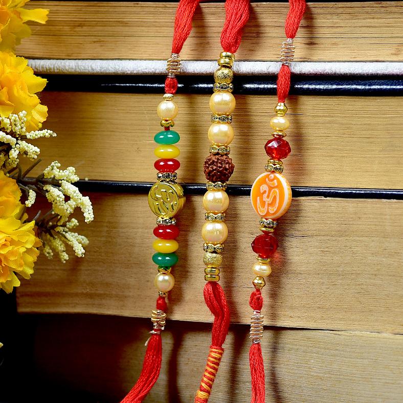 Beautiful Set of 3 Rudraksh & Om Dial Rakhi