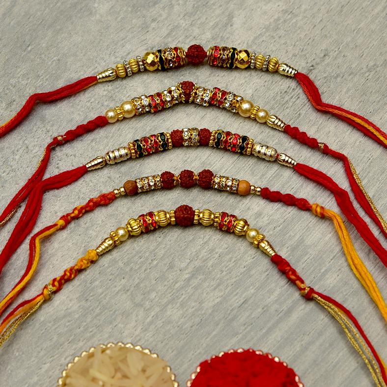Multicolored Set of 5 Rudraksh Rakhis