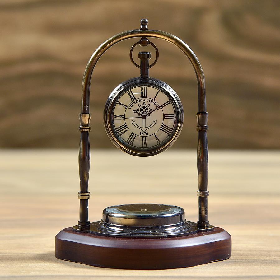 Antique Finish Brass Victoria London Desk Clock With Compass