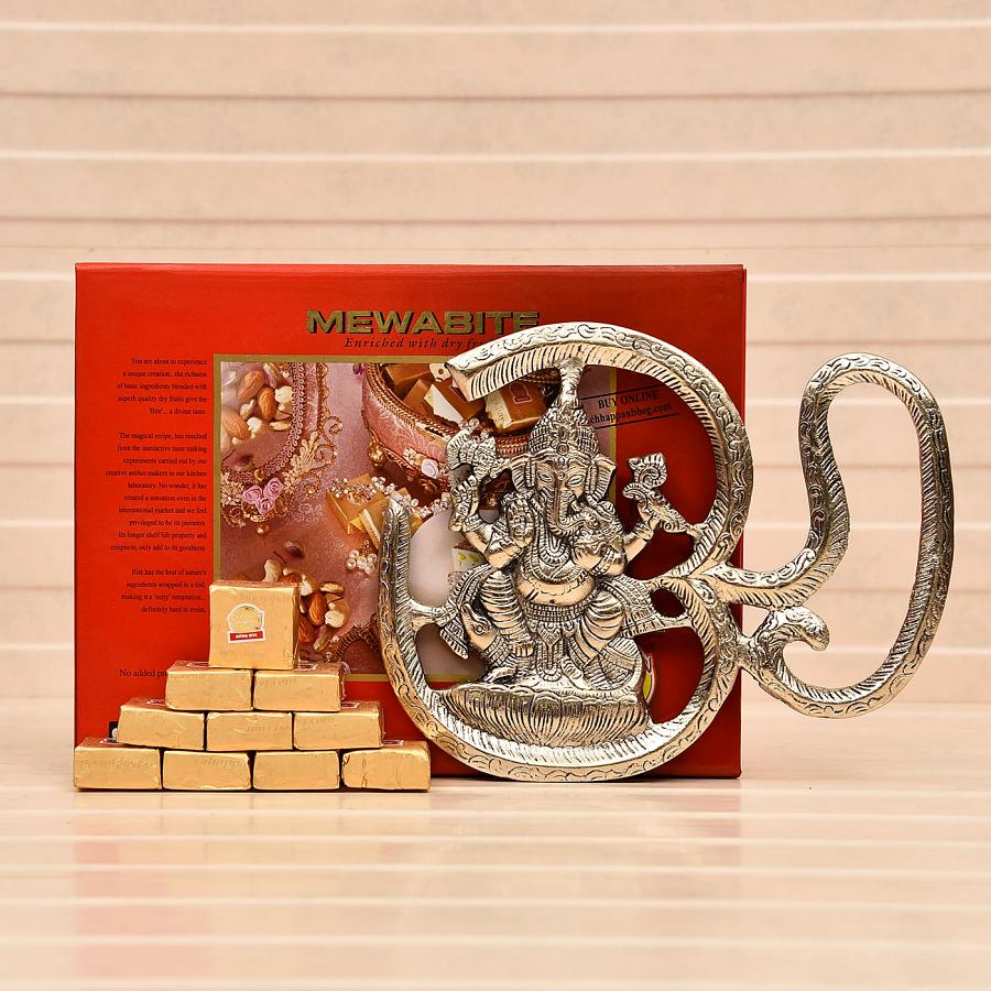 Om Ganesha White Metallic Wall Hanging w/ Chappan Bhog Mewa Bites