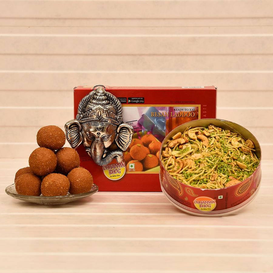 Gajmukh Wall Hanging w/ Pack of Besan Laddoo & Kaju Pudina Namkeen