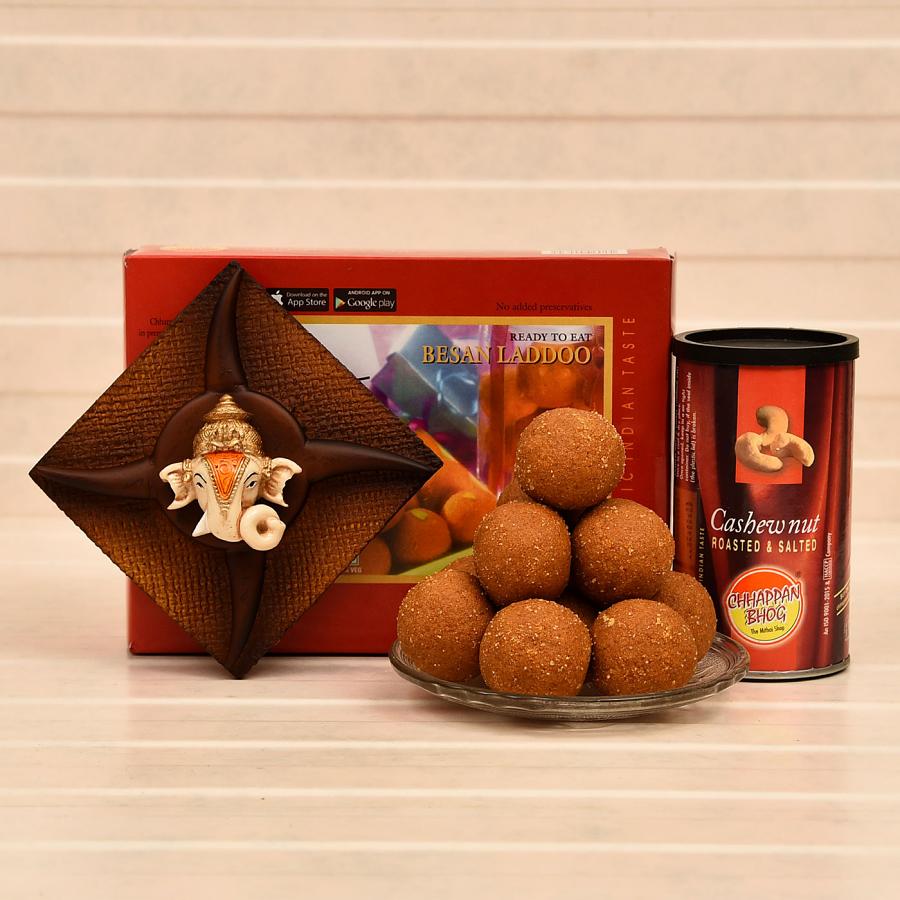 Square Shape Ganesha Wall Hanging with Roasted Cashews & Besan Laddoo