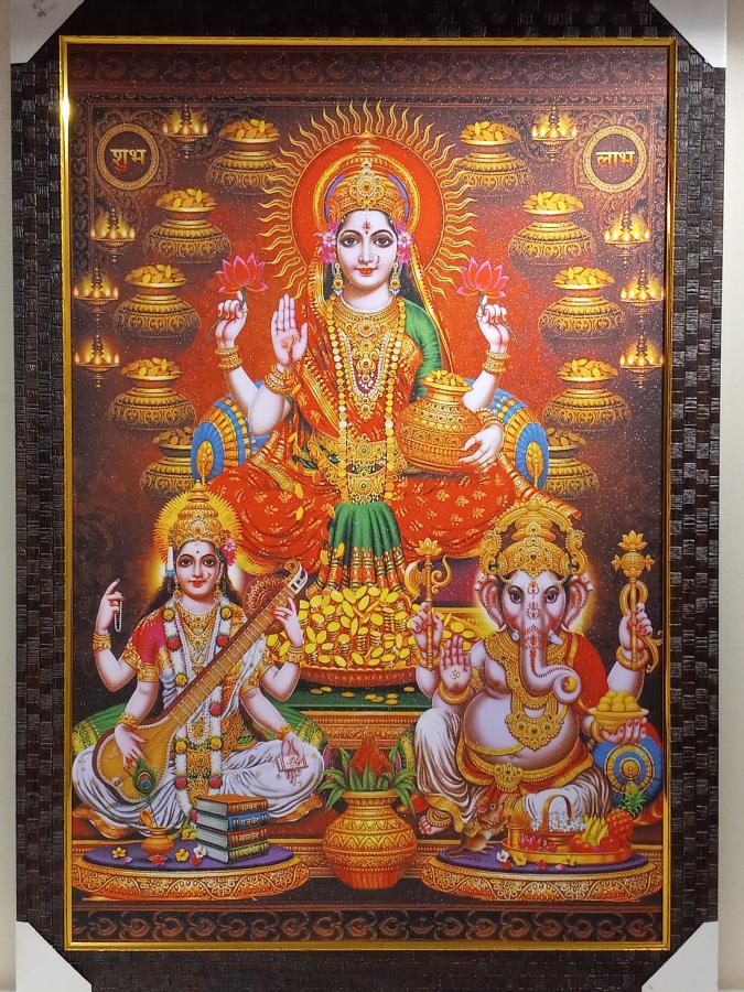 Beautiful Wooden Framed Canvas Print Picture of Laxmi Pujan # 1 - 23 x 33"