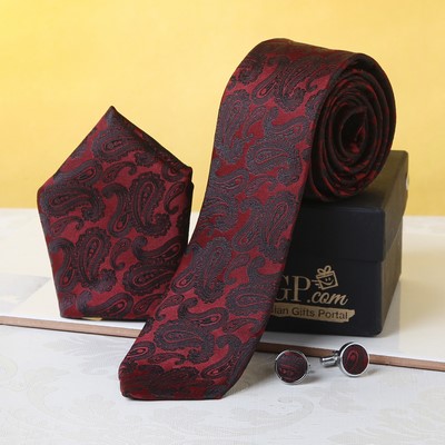 Red Tie with Pocket Square & Cufflinks