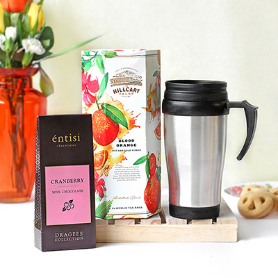 Blood Orange Tea Bags, Sipper Mug & Coated Whole Nuts in Cranberry Milk Cho