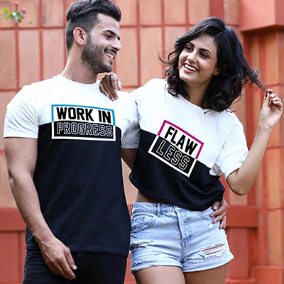 Work in Progress and Flaw Less Printed Couple's T-shirts - Set of 2