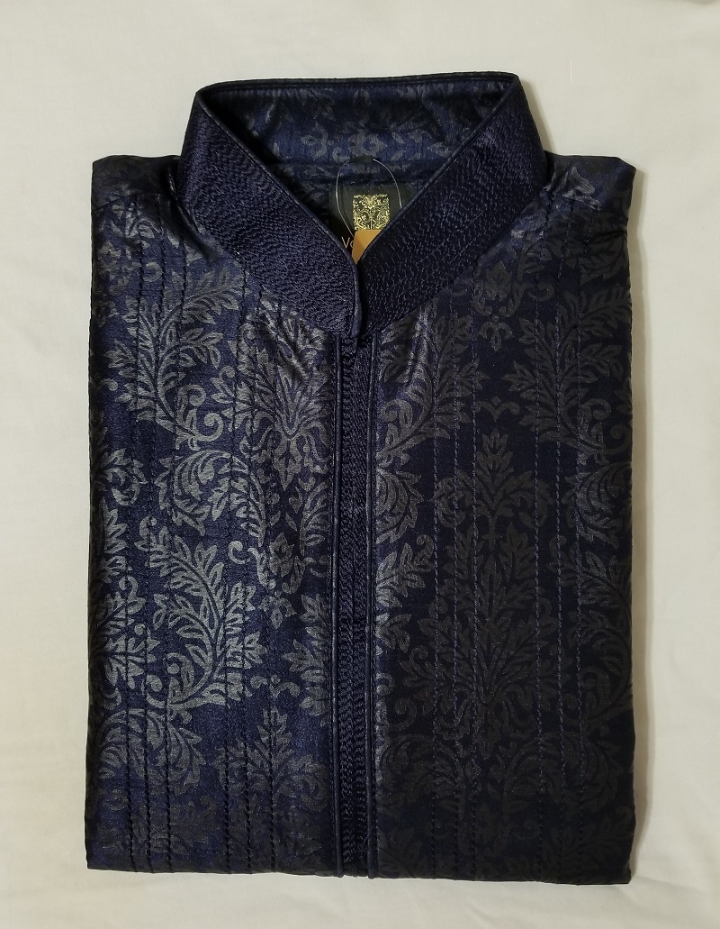 Men's Navy Blue Jaquard Raw Silk Self Design Kurta Pajama M/L #30971 ...