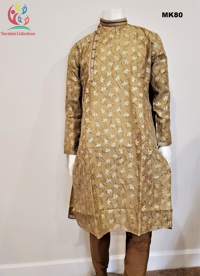 Men's Raw silk Party Wear printed floral Brown Kurta Pajama set Men's Raw silk Party Wear printed floral Brown Kurta Pajama set
