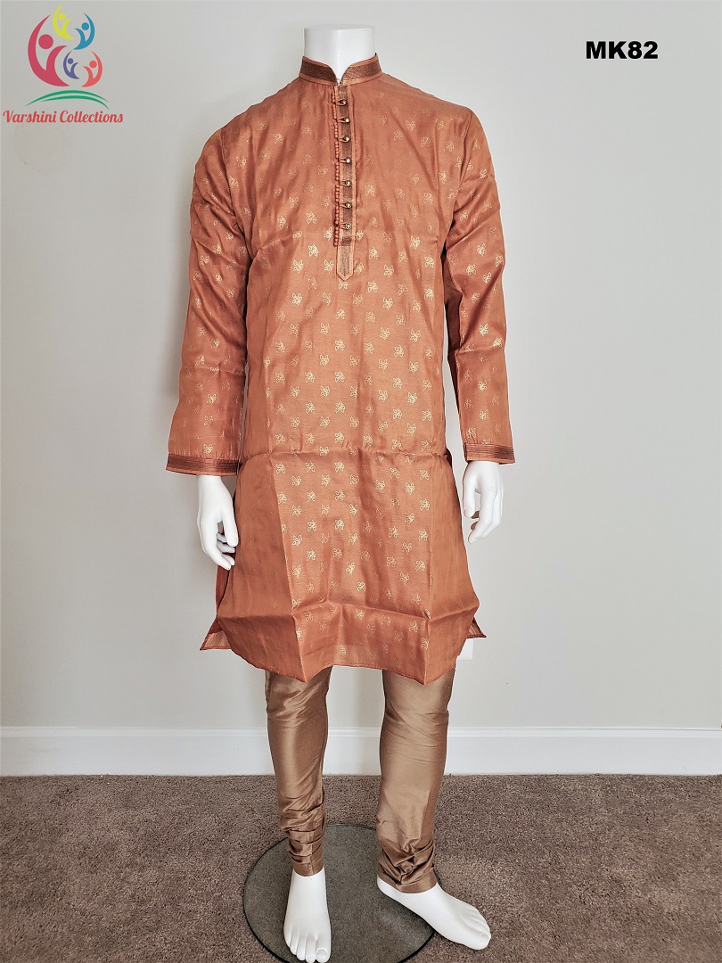 Men's Raw silk Party Wear Brick Red w/ gold printed buti Kurta Pajama set