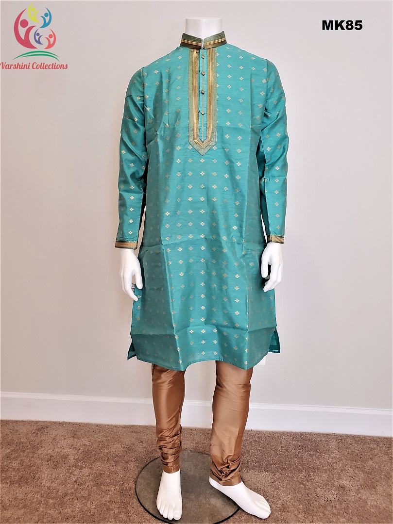 Men's Raw silk Party Wear Aqua green w/ gold printed buti Kurta Pajama set