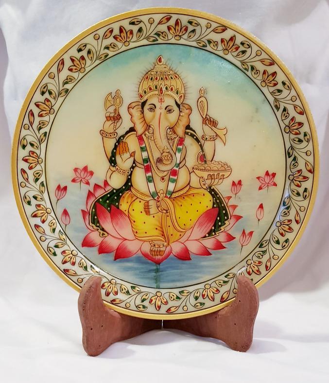 Intricate Work on Marble Plate Ganesh Photo 9" w/ Stand