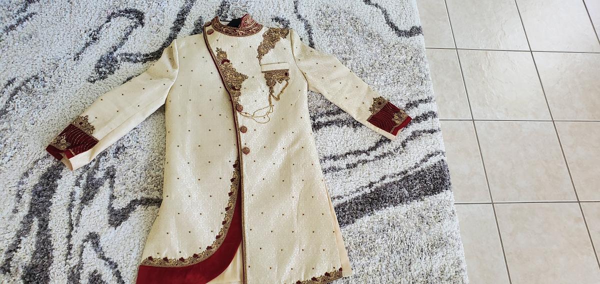 Embroided Art silk dhoti pant groom sherwani in cream red 