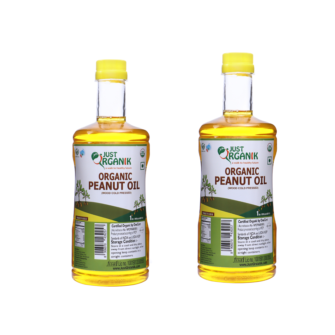 Just Organik Organic Peanut Oil, Wood Cold Pressed, Unrefined, Pack of Two