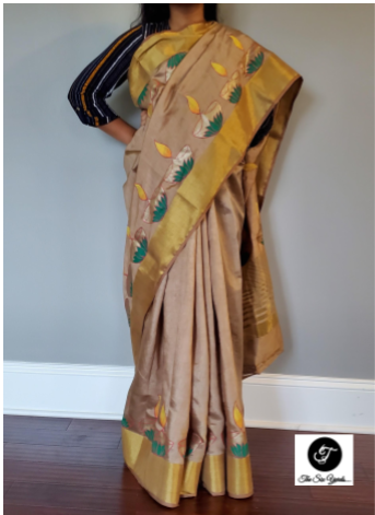 Handpainted Festive Print Beige Tussar Silk Saree 3