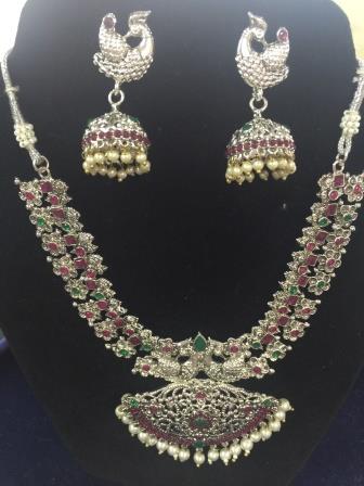 Germen Silver Pecock Design Necklace in Temple Jewellery Style W/Earring