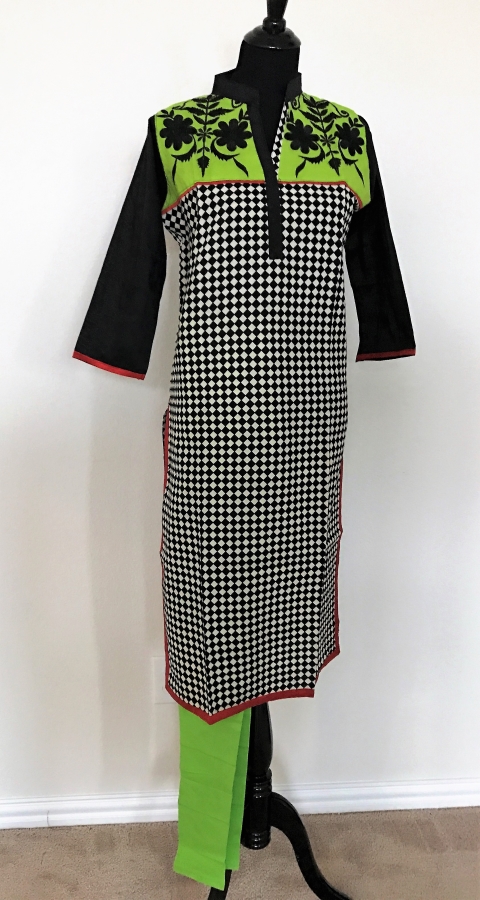 Green and Black & White Checkered Kurti with Leggings (M)