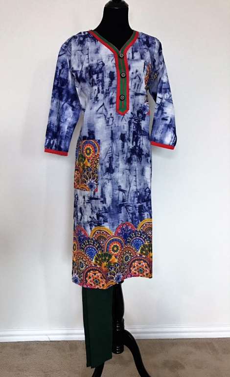 Blue Digital Print Cotton Kurti w/ Patched Pocket Style & Leggings (M)