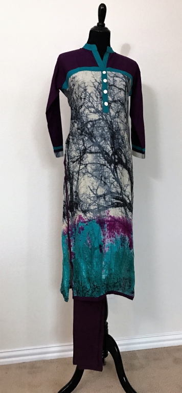 Digital Tree Print Dark Purple & Turquoise Long Kurti w/ Leggings (S)