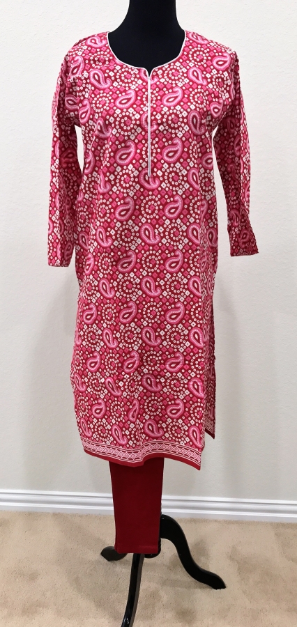 Traditional Red Bandhani Print Kurti with Leggings (L)