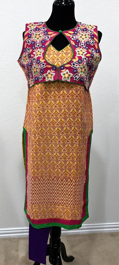 Sleeveless Yellow Chiffon Kurti w/ Pink Jacket & Leggings (M)