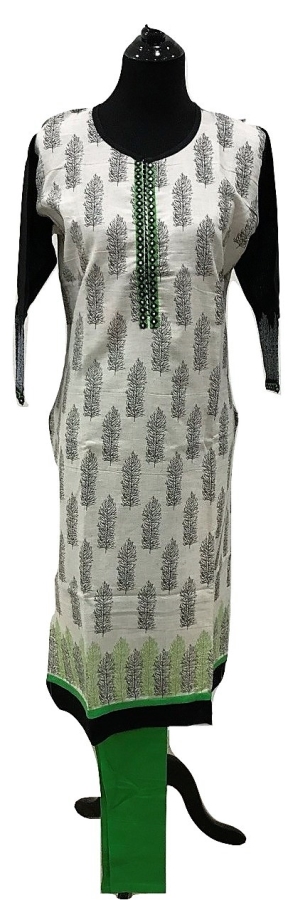 Off White Linen Block Print Kurti With Green Border and Leggings (M)