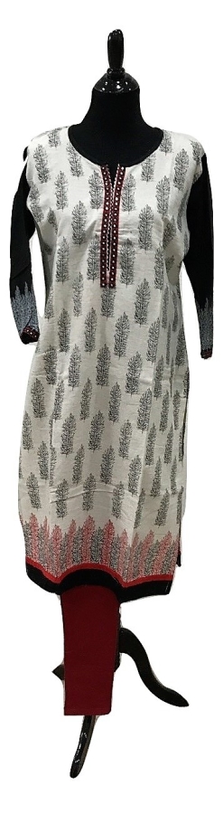Off White Linen Block Print Kurti With Red Border and Leggings (M)