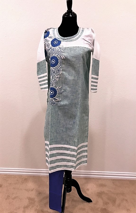 Floral Embroidery Sea Green Spring Kurti With leggings (M)