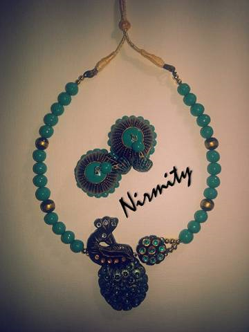 Turquoise Clay Peacock Necklace & Jhumkas