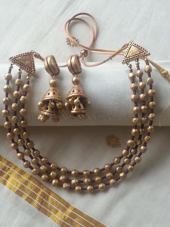 Golden Multistrand Terracotta Choker Necklace Set