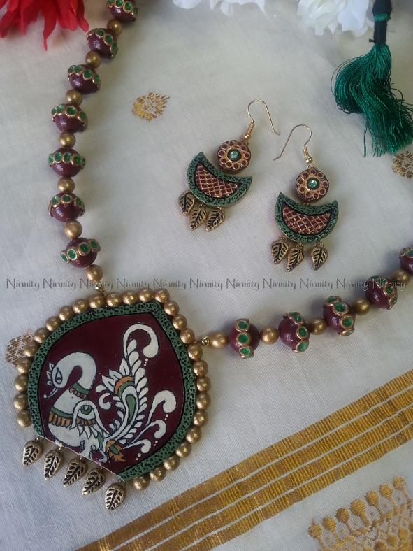 Kalamkari Swan Necklace Set Made from Terracotta Baked Clay
