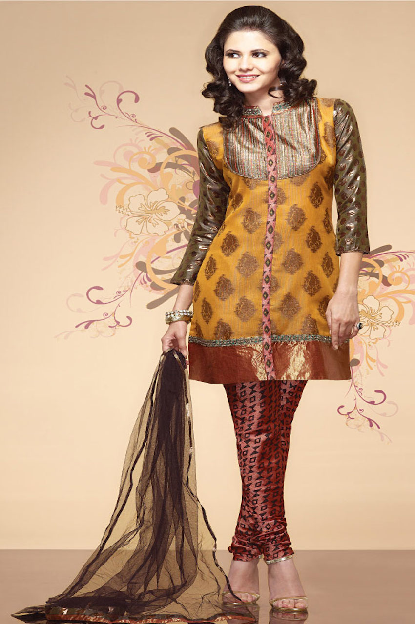 Mustard Yellow & Multicolor Cotton Readymade Churidar Kameez Suit Mustard Yellow & Multicolor Cotton Readymade Churidar Kameez Suit