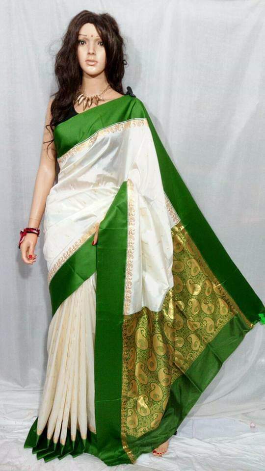 off white saree with green border