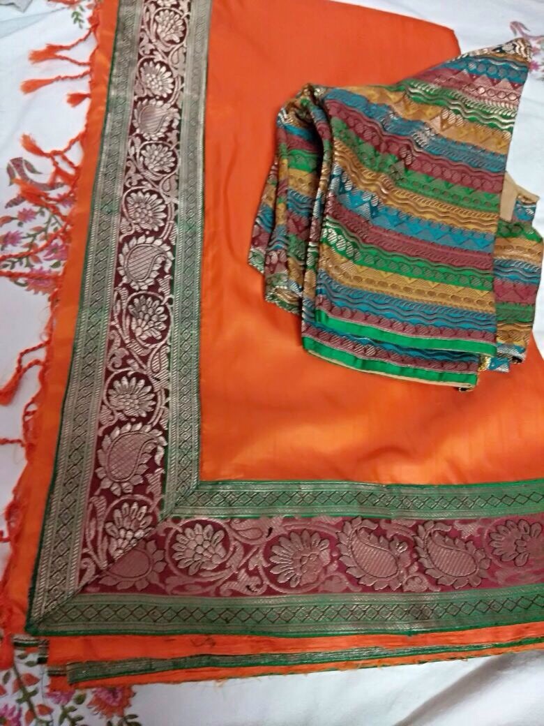 Festive Orange Banaras Saree w/ Green Border & Stitched Blouse 