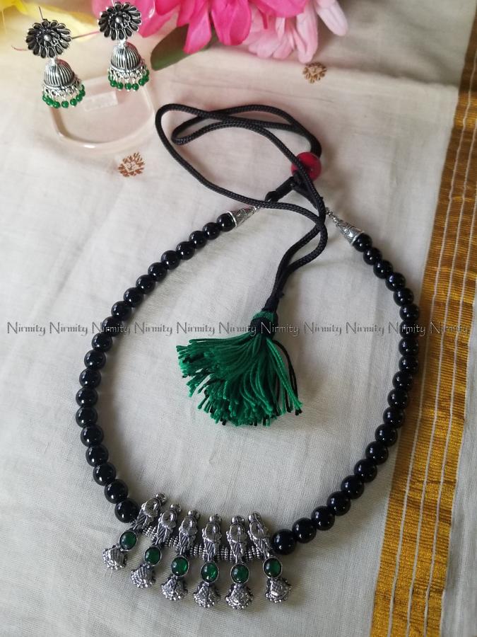 Oxidized Metal Tribal Style Green Obsidian Gemstone Choker