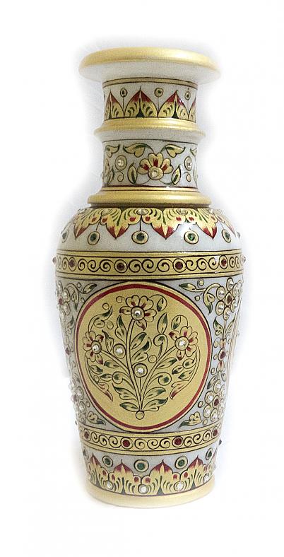Marble Flower Vase Decor w/ Meenakari Motifs & Kundan Stone Work
